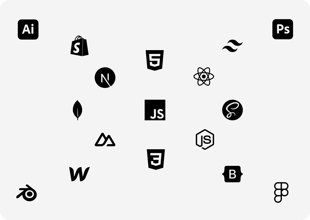 An Image of all the logos for the toolkits I use for making websites. Eg: next.js, react.js,  webflow, shopify etc